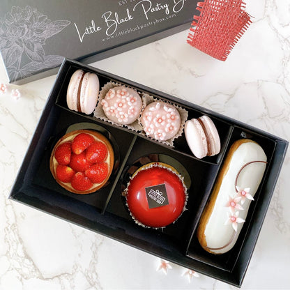 The Vanity Voyage - Artisan Pastry Box, Macaron, Profiteroles, Petit Gateau, Eclair, Eclair, Macarons, Strawberry Tart, Petit Gateau Chocolate, Little Black Pastry Box Dessert Box Gift  | Pastry Gift Set | Hi tea Set | Tea Party Platter - Same day delivery Klang Valley - LBPB