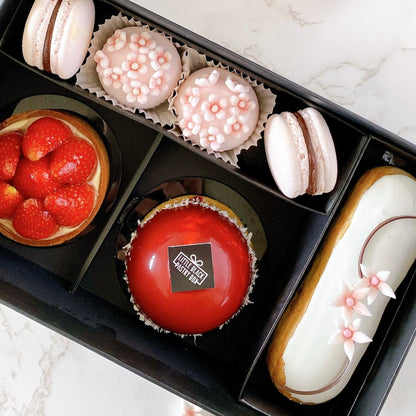 The Vanity Voyage - Artisan Pastry Box, Macaron, Profiteroles, Petit Gateau, Eclair, Eclair, Macarons, Strawberry Tart, Petit Gateau Chocolate, Little Black Pastry Box Dessert Box Gift  | Pastry Gift Set | Hi tea Set | Tea Party Platter - Same day delivery Klang Valley - LBPB